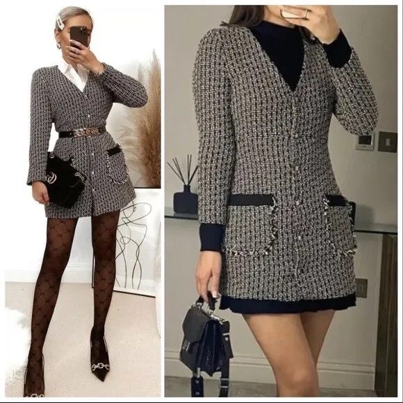 NWT ZARA TEXTURED DRESS WITH JEWEL BUTTON BLACK / ECRU 2120/240 - Picture 4 of 13